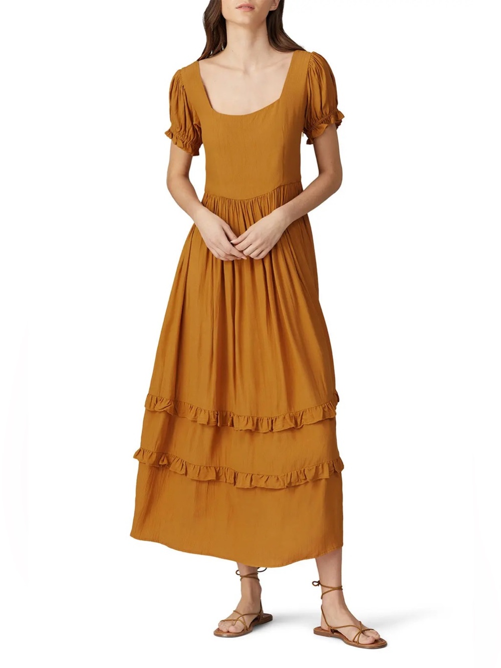 The Odells Eliza Ruffle Maxi Dress M Short Sleeve Square Neck Side-Pockets